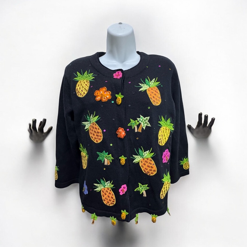 Vintage Jack B. Quick Black button down pineapple sequin  Sweater cardigan